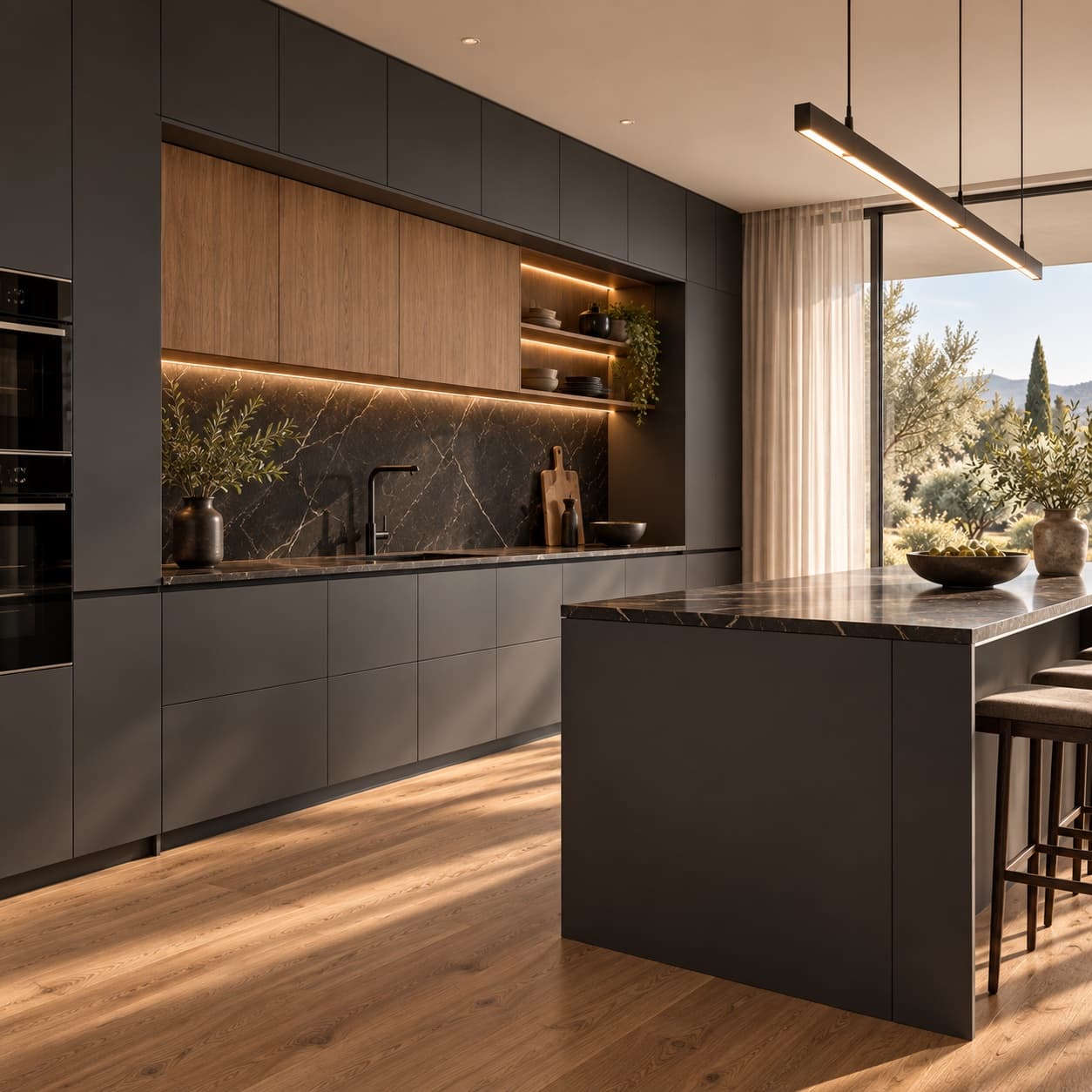 Charcoal kitchen with black marble surfaces and warm integrated lighting