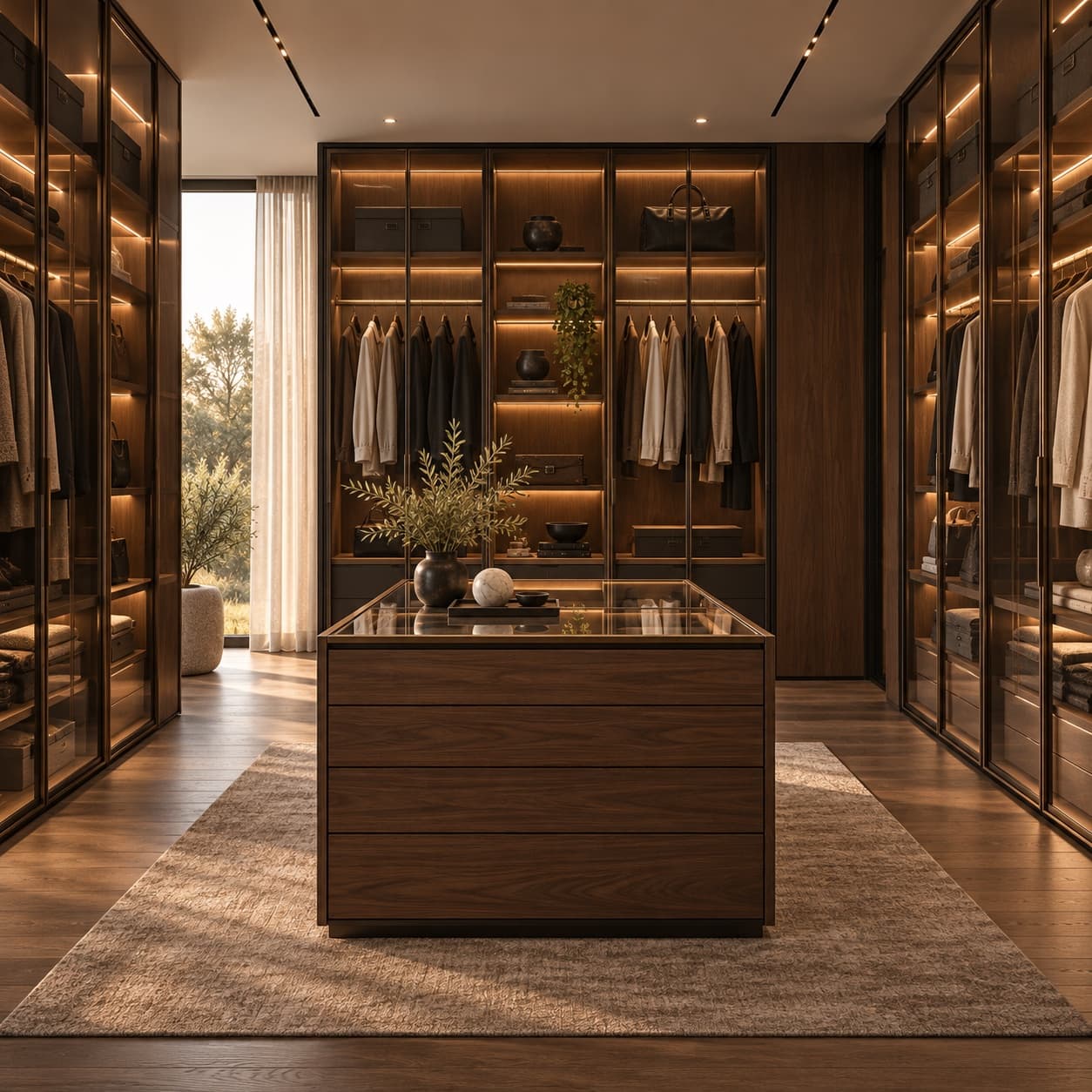 Symmetrical walnut dressing room with bronze glass doors and integrated lighting