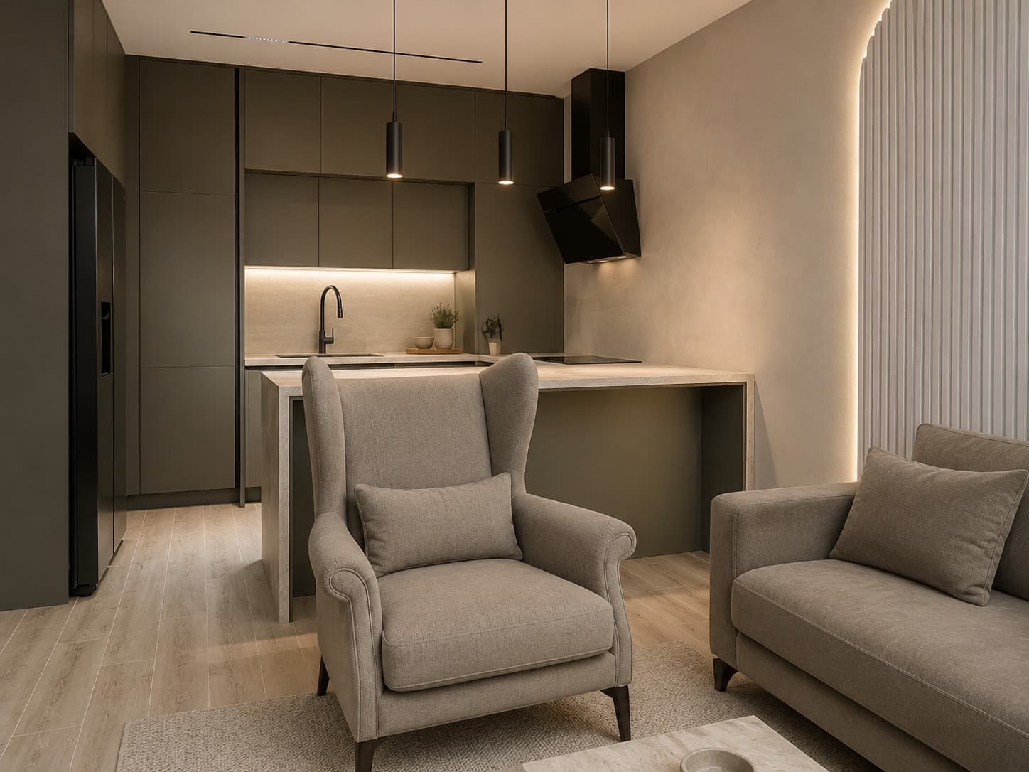 Olive green fitted kitchen with a stone peninsula and soft integrated lighting