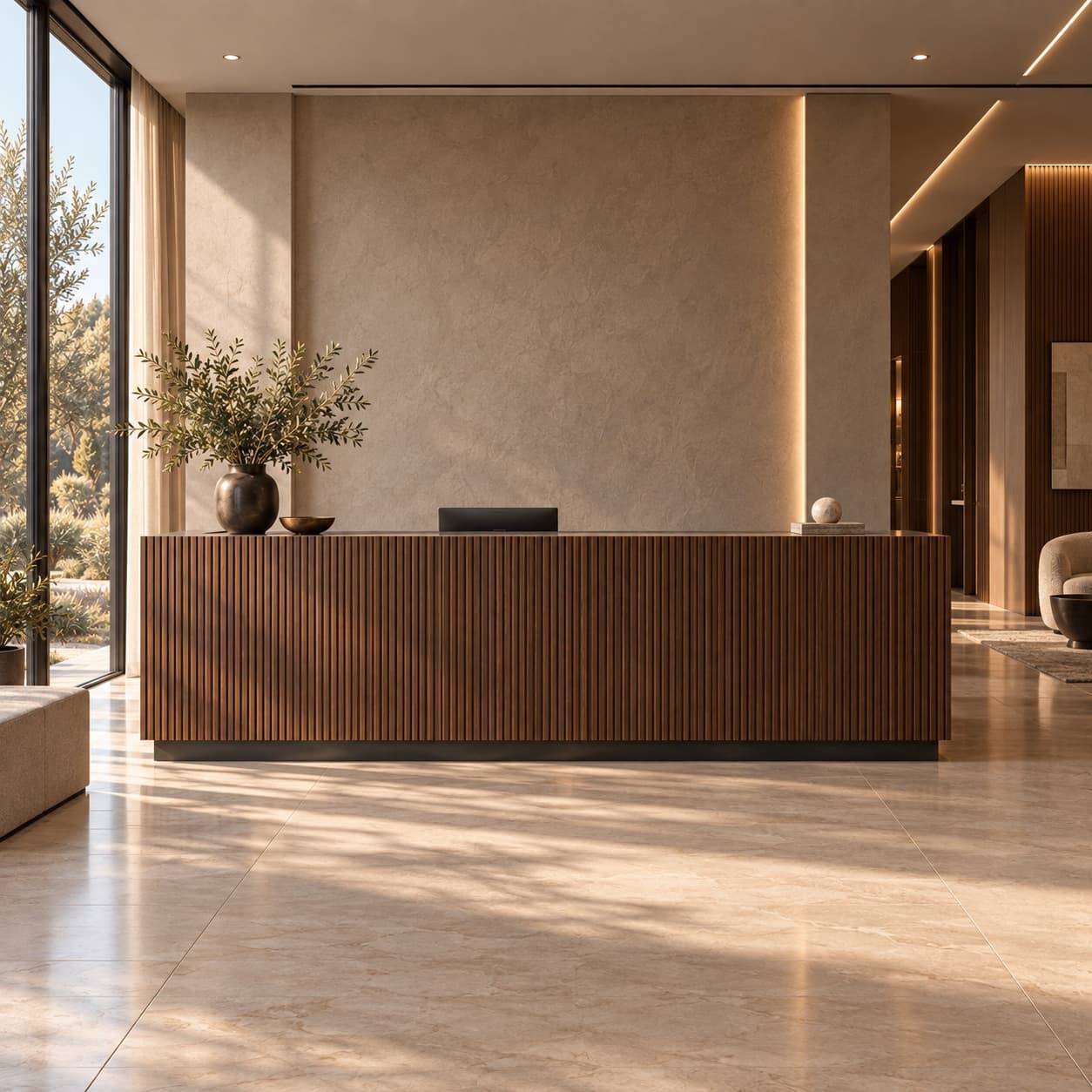 Minimal commercial reception with a fluted walnut desk and pale stone floor