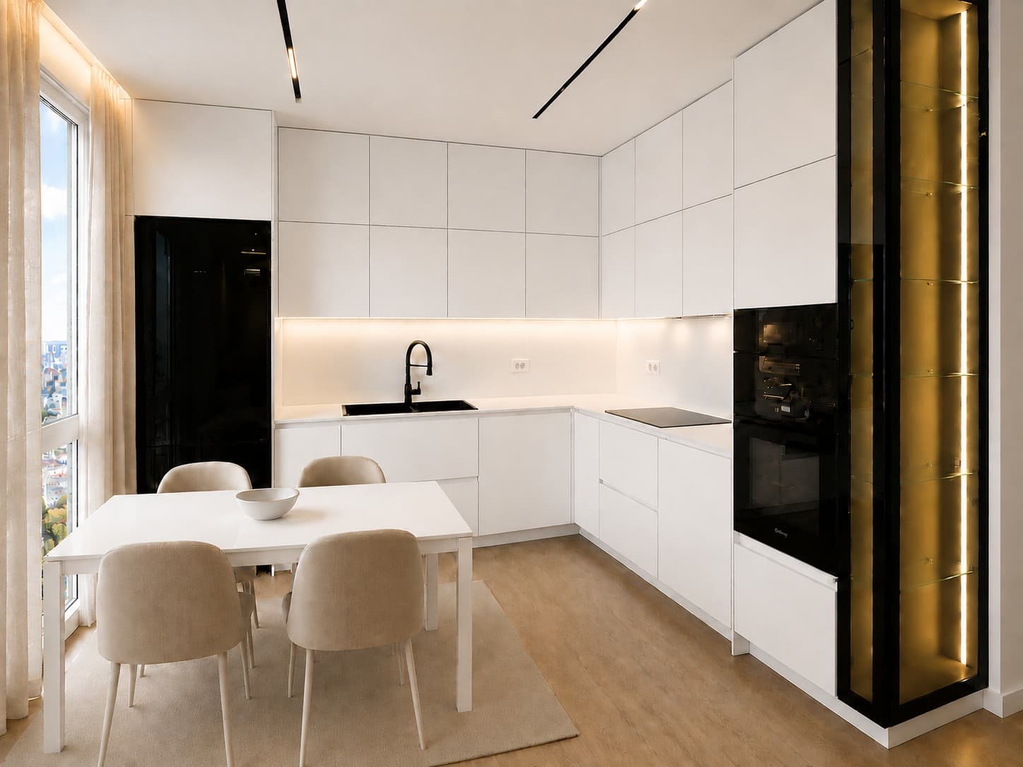 Bright white corner kitchen with bronze display cabinetry and oak flooring